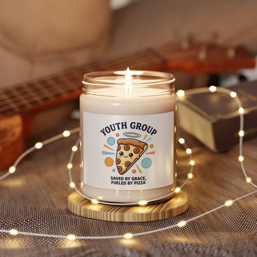 Saved by Grace Fueled by Pizza Candle | Christian memes, Youth Group