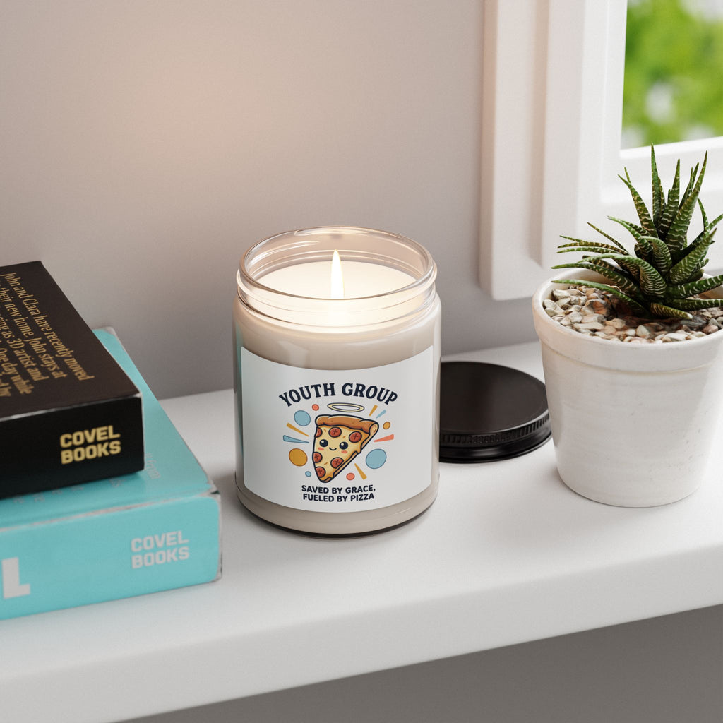 Saved by Grace Fueled by Pizza Candle | Christian memes, Youth Group